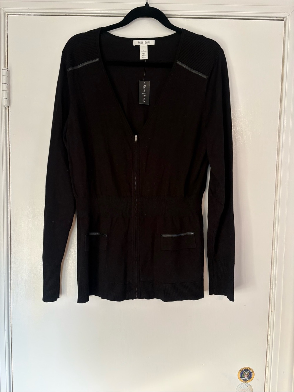NWT White House Black Market WHBM XL Black Full Zip Cardigan Faux Leather Trim